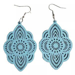 Large Light Blue Bohemian Country Western Wood Dangle Earrings